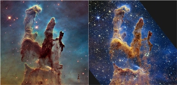 NASA公布宇宙“創(chuàng)生之柱”新影像：哈勃、韋布合力拍攝 距離地球6500光年