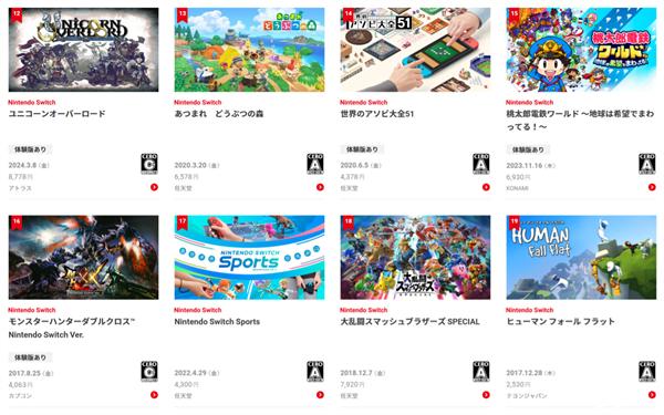 任天堂公布 2024 年上半年日服 Switch 游戲下載榜