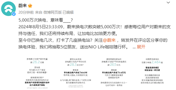 中國新能源里程碑！蔚來第5000萬次換電達(dá)成