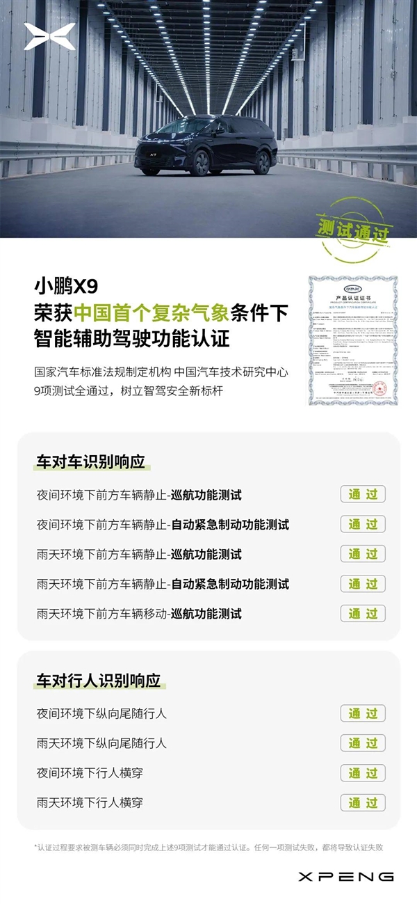 中國首個！小鵬X9完成復(fù)雜氣象條件下輔助駕駛認(rèn)證