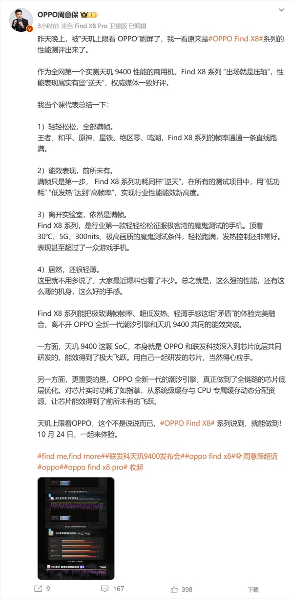 OPPO聯(lián)發(fā)科聯(lián)合研發(fā)天璣9400：魔鬼測試條件下依然能跑滿幀