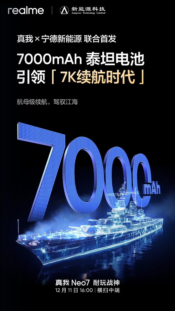 智能手機進入7K續(xù)航時代！真我Neo7首發(fā)7000mAh泰坦電池