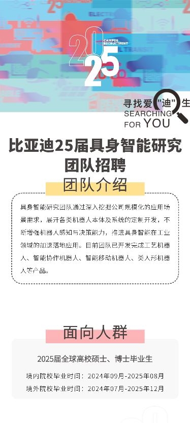 比亞迪加入人形機(jī)器人領(lǐng)域！面向全球高校招聘碩士、博士畢業(yè)生等人才