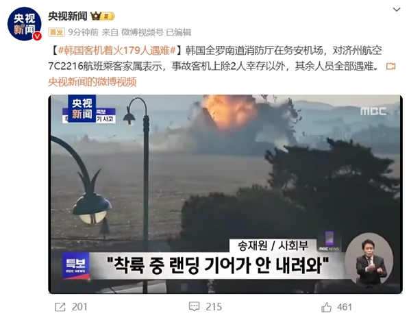 韓國(guó)載181人客機(jī)起火爆炸：179人遇難 2人生還