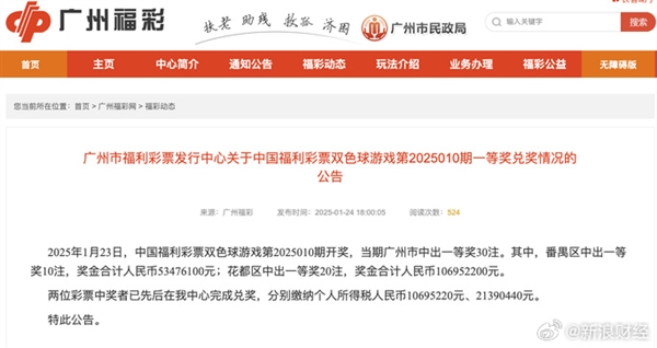 新年潑天運(yùn)氣！廣州兩彩民中獎(jiǎng)1.6億已兌獎(jiǎng) 納稅3000多萬(wàn)網(wǎng)友羨慕