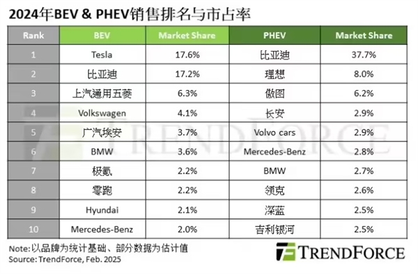2024全球新能源銷量榜：特斯拉、比亞迪分別奪得純電與插混冠軍