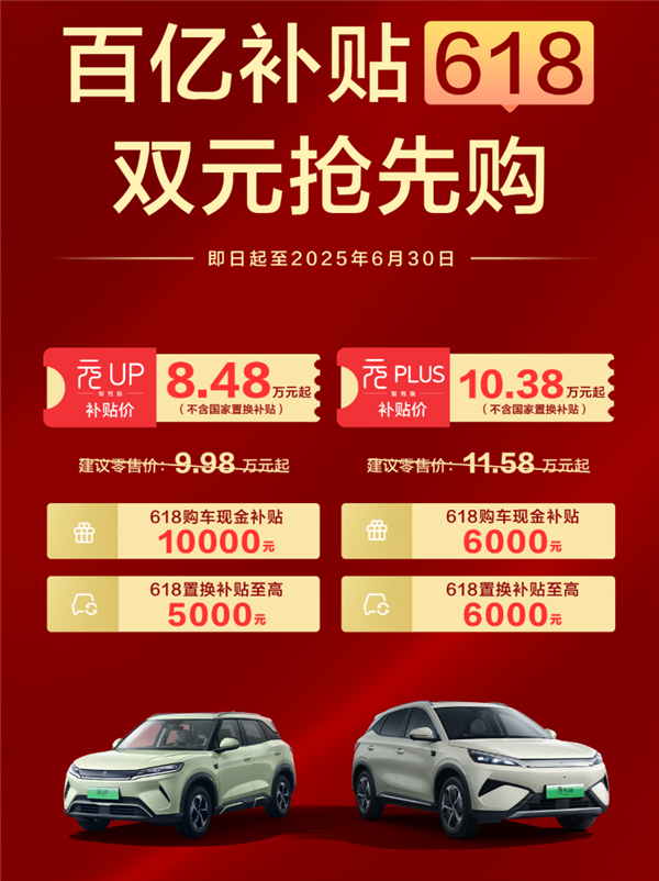 拉爆合資車！比亞迪元UP/PLUS智駕版限時(shí)補(bǔ)貼：8.48萬元到手